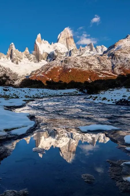 Mountain range with Cerro Fitz Roy reflected, Los Glaciares National Park, UNESCO World Heritage Site, El Chalten, Santa Cruz Province, Patagonia, Arg...