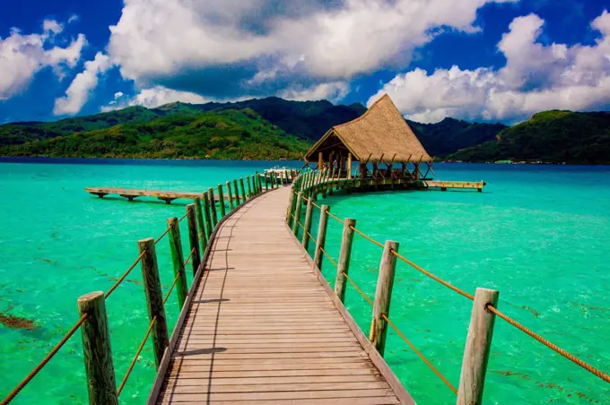 Overwater bungalow pier, Le Taha'a Resort, Tahiti, French Polynesia, South Pacific, Pacific