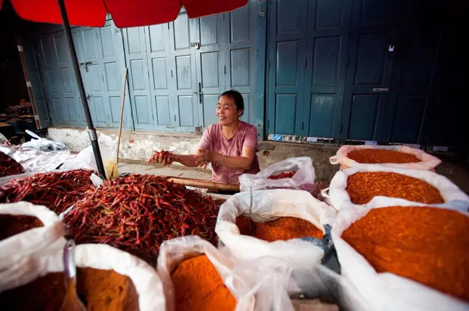 A woman selling spices on a market stall in Shan State, Myanmar (Burma), Asia