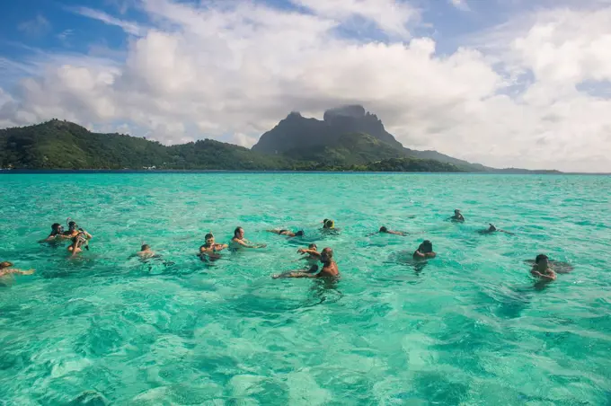Tourists swimming with sting rays, Bora Bora, Society Islands, French Polynesia, Pacific