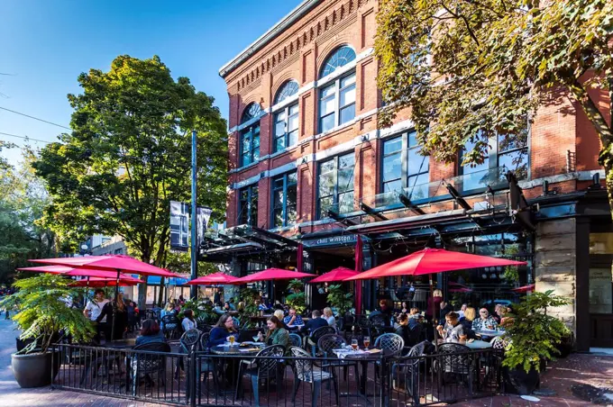 Cafe and bar in Maple Tree Square in Gastown, Vancouver, British Columbia, Canada, North America