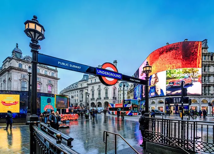 Entrance to tube station, advertisement, Piccadilly Circus, London, England, United Kingdom, Europe