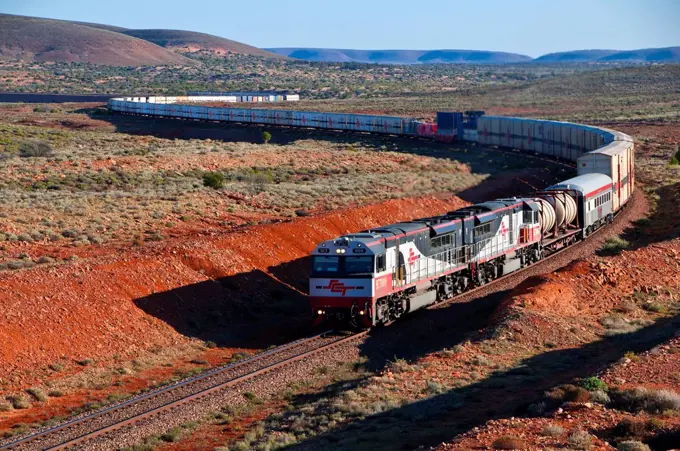 Train travelling through the Outback of South Australia, Australia, Pacific
