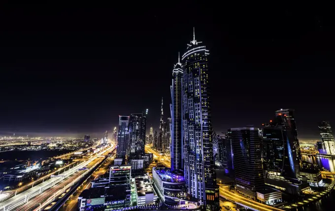 Long exposure overlooking Dubai at night, United Arab Emirates, Middle East