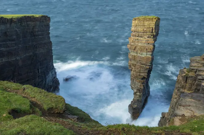 North Gaulton Castle sea stack on the wild west coast of Orkney, Scotland, United Kingdom, Europe