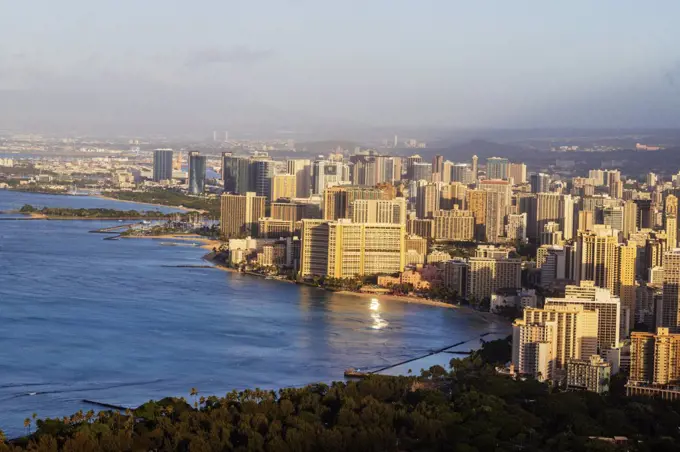 View by drone of Waikiki, Honolulu, Oahu Island, Hawaii, United States of America, North America
