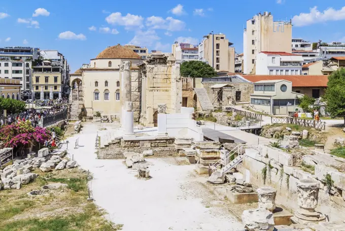 Remains of the Hadrian's Library and the old mosque in Monastiraki Square, Athens, Greece, Europe