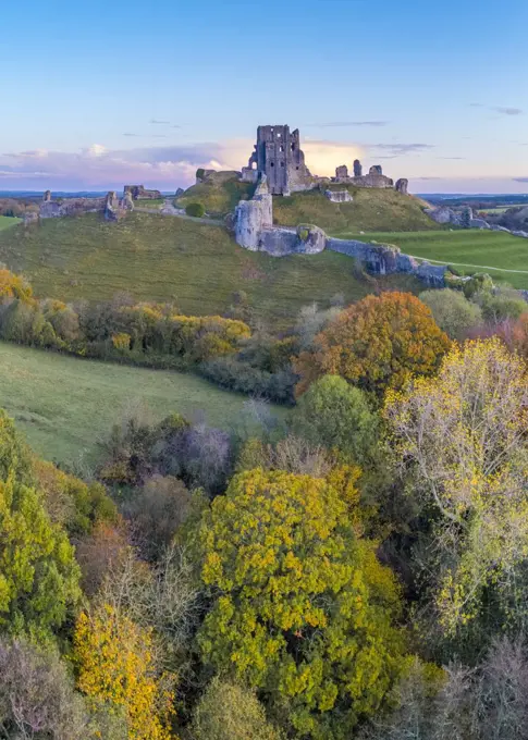 View by drone of Corfe Castle, Dorset, England, United Kingdom, Europe