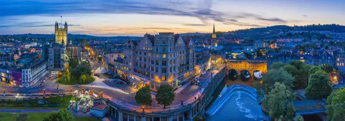 Aerial view by drone over Bath, Somerset, England, United Kingdom, Europe