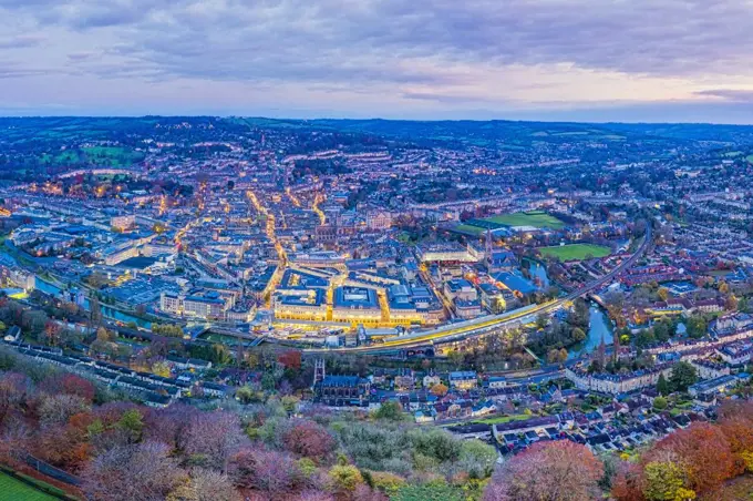Aerial view by drone over the Georgian city of Bath, Somerset, England, United Kingdom, Europe