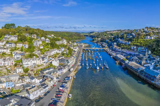 Aerial view over Looe, Cornish fishing town, Cornwall, England, United Kingdom, Europe