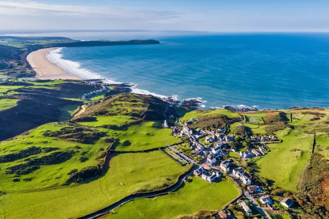 Aerial view over Mortehoe and Woolacombe Bay, North Devon, England, United Kingdom, Europe
