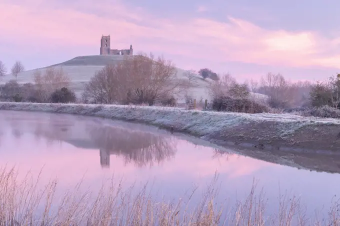 Burrow Mump Church at dawn on a frosty winter morning, Burrowbridge, Somerset, England, United Kingdom, Europe