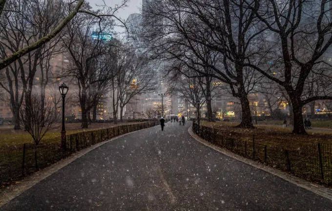 Snow falls in Central Park, New York, United States of America, North America