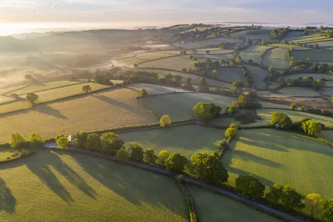 Beautiful morning sunlight over rolling countryside in spring, South Tawton, Devon, England, United Kingdom, Europe