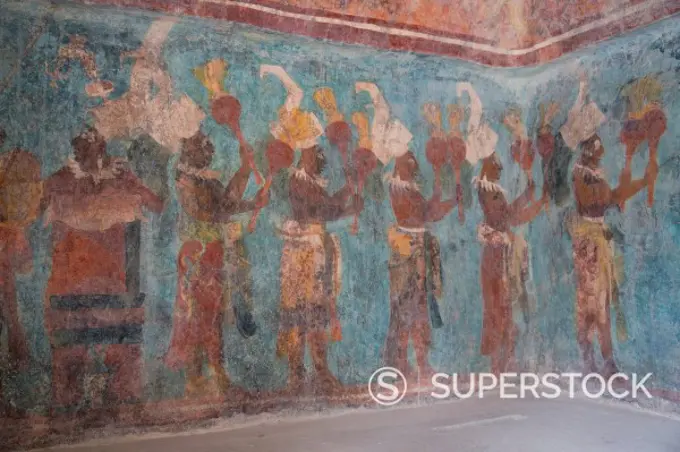 A procession of musicians in Room 1, Temple of Murals, Bonampak Archaeological Zone, Chiapas, Mexico, North America