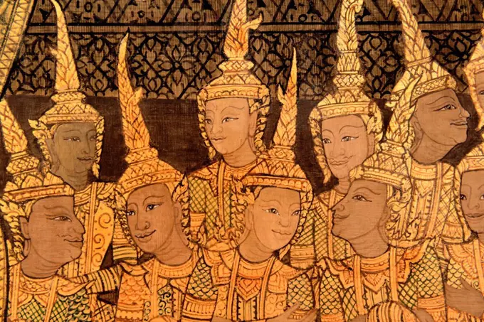 Detail of the murals of Wat Saket in late Rattanakosin style, Bangkok, Thailand, Southeast Asia, Asia