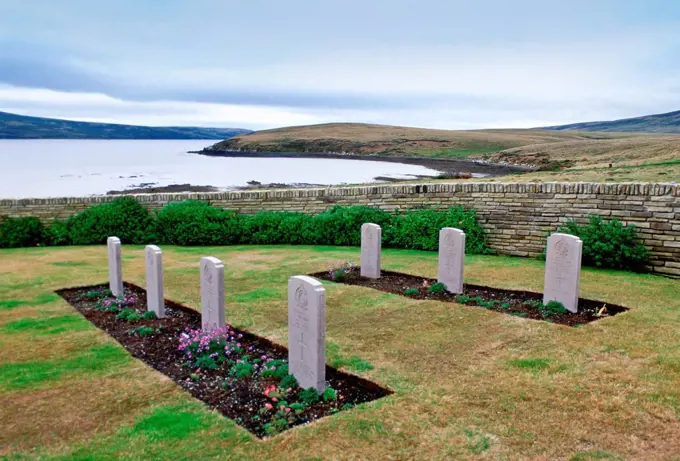 Headstones at Blue Beach Cemetery, San Carlos, Falkland Islands