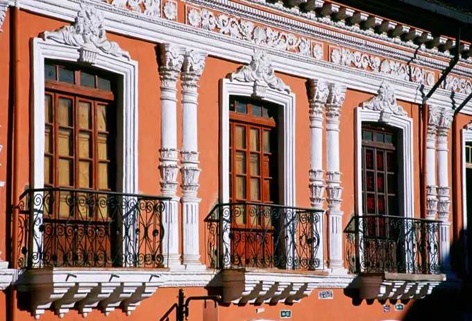 Sunlight on Neoclassical architecture of a building in Colonial Quito, Ecuador, South America