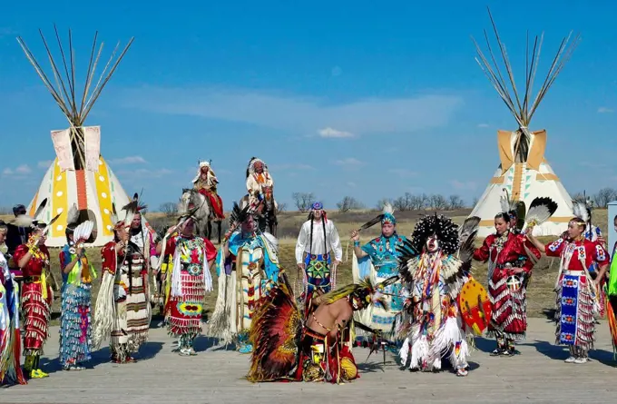 Canadian Plains First Nation Indians at cultural display at Wanuskewin Heritage Park in Saskatoon, Canada