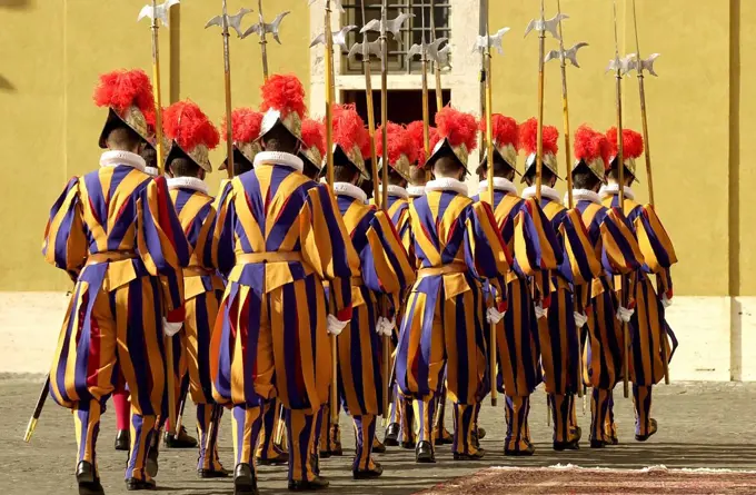 Swiss ceremonial guards in traditional striped uniforms at the Vatican, Vatican city