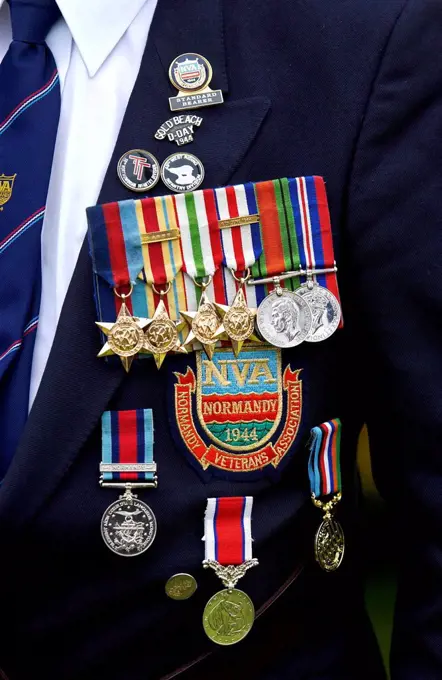 Medals of a Veteran soldier of the D-Day Landings worn for a parade of Veterans at the start of the 60th Anniversary Commemorations.