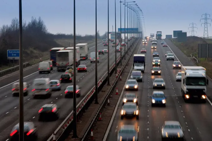 Rush hour traffic on M1 Motorway near Hertfordshire, United Kingdom.