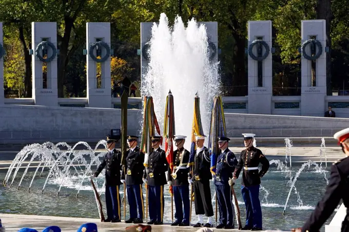 Servicemen at the National World War II Memorial, Washington DC, United States of America