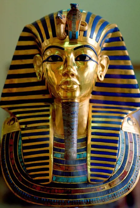 Gold mask of the face of King Tutankhamun in the Cairo Museum in Egypt.