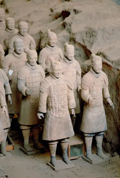 Statues of warriors form a terracotta army at the tomb of Emperor Qin Shi Huang at Xian,China