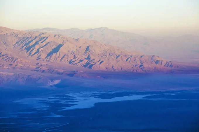 View over Badwater Basin to the Panamint Range, sunrise, Dante's View, Death Valley National Park, California, United States of America, North America