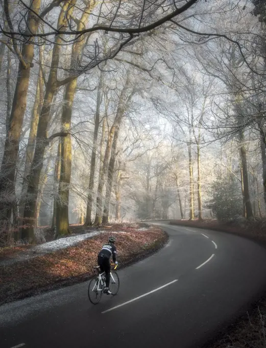 A lone cyclist climbs Tom's Hill in Hertfordshire, England, United Kingdom, Europe