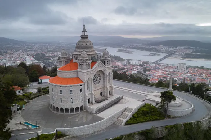 Santa Luzia Church sanctuary, drone aerial view, Viana do Castelo, with city and River Lima in the background, Norte, Portugal, Europe