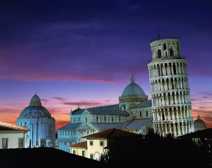 The Leaning Tower, Duomo and Baptistery at sunset in the city of Pisa, UNESCO World Heritage Site, Tuscany, Italy, Europe