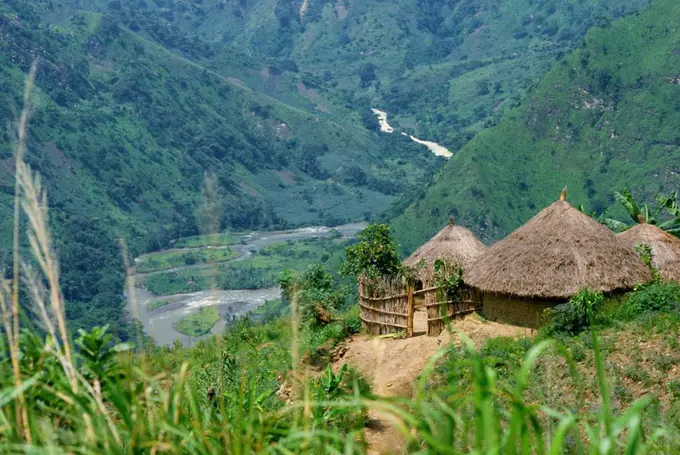 Native huts in a valley near Uriva, Zaire, Africa
