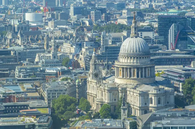 Aerial view of St. Paul's Cathedral and neighbouring buildings, London, England, United Kingdom, Europe