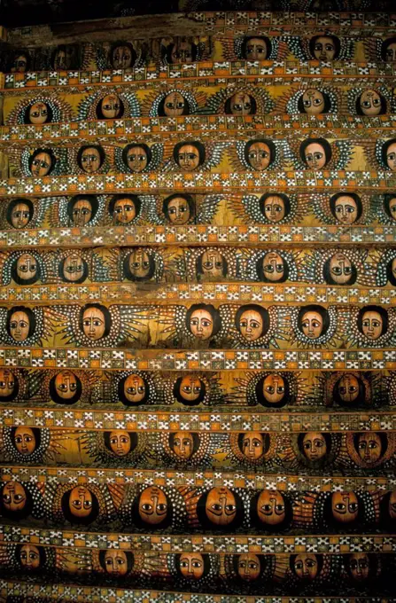 Frescoes on the ceiling of the Debre Berham Debre Birhan Selassie church, Gondar, Ethiopia, Africa