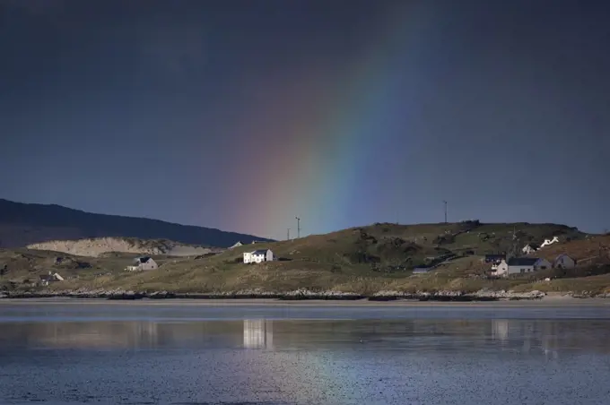 Rainbow over the Hamlet of Luskentyre across Luskentyre Sands, Isle of Harris, Outer Hebrides, Scotland, United Kingdom, Europe
