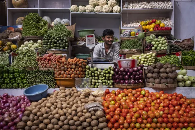 Vegetable Market Stall, Panjim Market, Panjim (Panaji), Goa, India, Asia