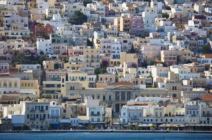 Neoclassical architecture in pastel colors, Ermoupolis, Syros, Cyclades, Greek Islands, Greece