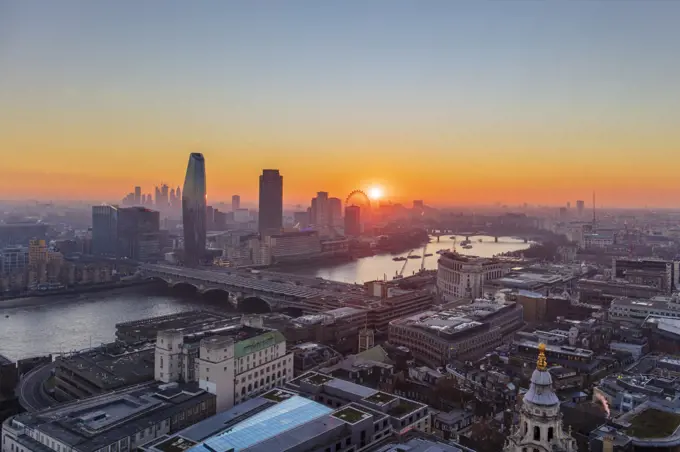 Aerial view of London skyline and River Thames at sunset taken from St. Paul's Cathedral, London, England, United Kingdom, Europe