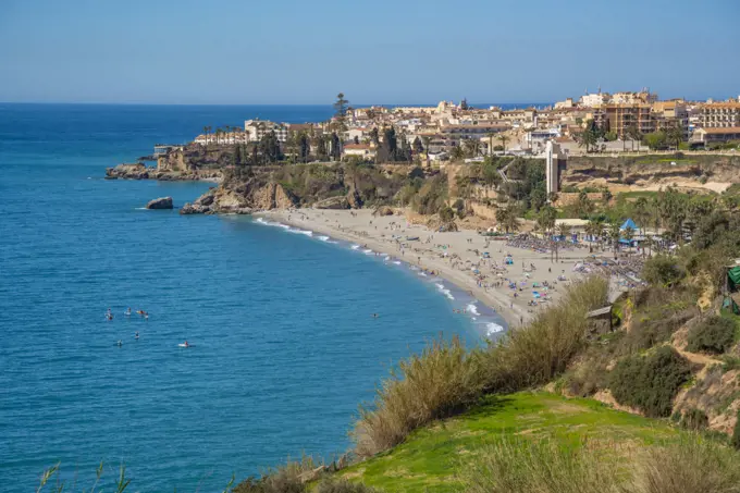 View of Playa de Burriana Beach, town and Mediterranean Sea, Nerja, Costa del Sol, Malaga Province, Andalusia, Spain, Mediterranean, Europe