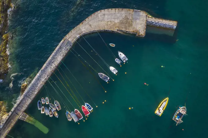 Aerial view of fishing boats in Mevagissey Harbour, Cornwall, England, United Kingdom, Europe
