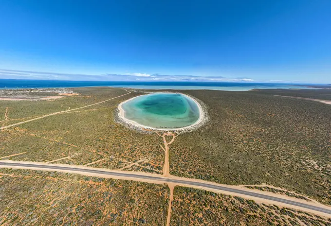 Aerial of Little Lagoon, Denham, Shark Bay, UNESCO World Heritage Site, Western Australia, Australia, Pacific