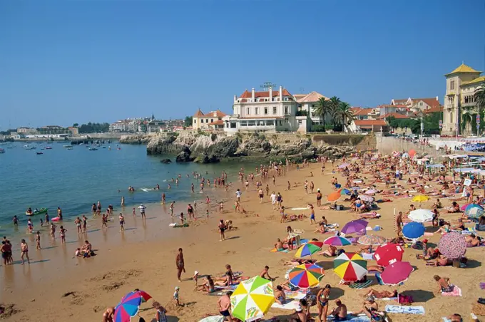 Crowded beach at Cascais, Portugal, Europe