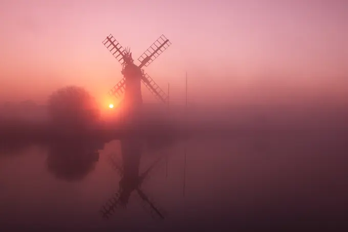 Winter sunrise, Thurne Mill, Norfolk Broads, Norfolk, England, United Kingdom, Europe