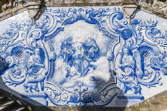 Blue tilework, Sanctuary of Nossa Senhora dos Remedios, Lamego, Douro River, Portugal, Europe