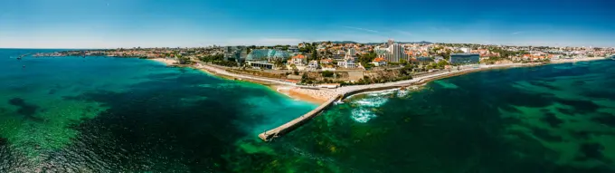 Aerial drone panoramic view of Cascais and Estoril coastlines with turquoise water, Cascais, 30km west of Lisbon, Portuguese Riviera, Portugal, Europe