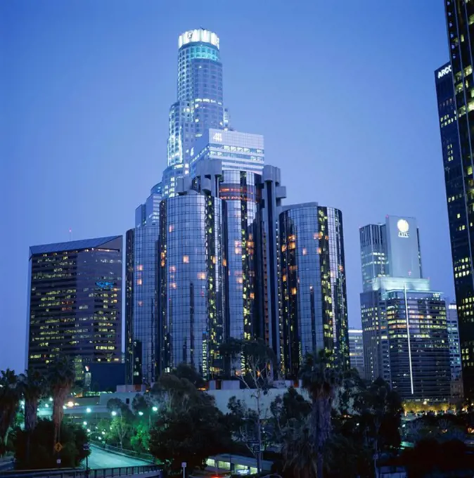 Skyscrapers in the city at night, Los Angeles, California, United States of America USA, North America