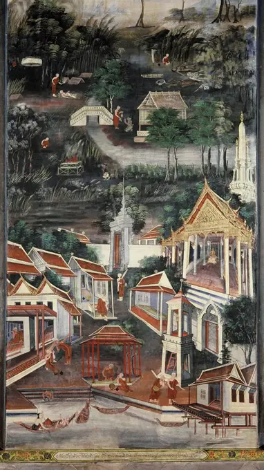 Monastic life, mural painting by Kru In Khong, Wat Bowornivet, Bangkok Thailand, Southeast Asia, Asia